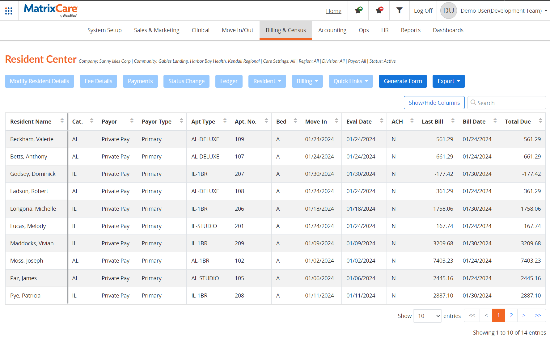 screenshot of MatrixCare Senior Living Facility